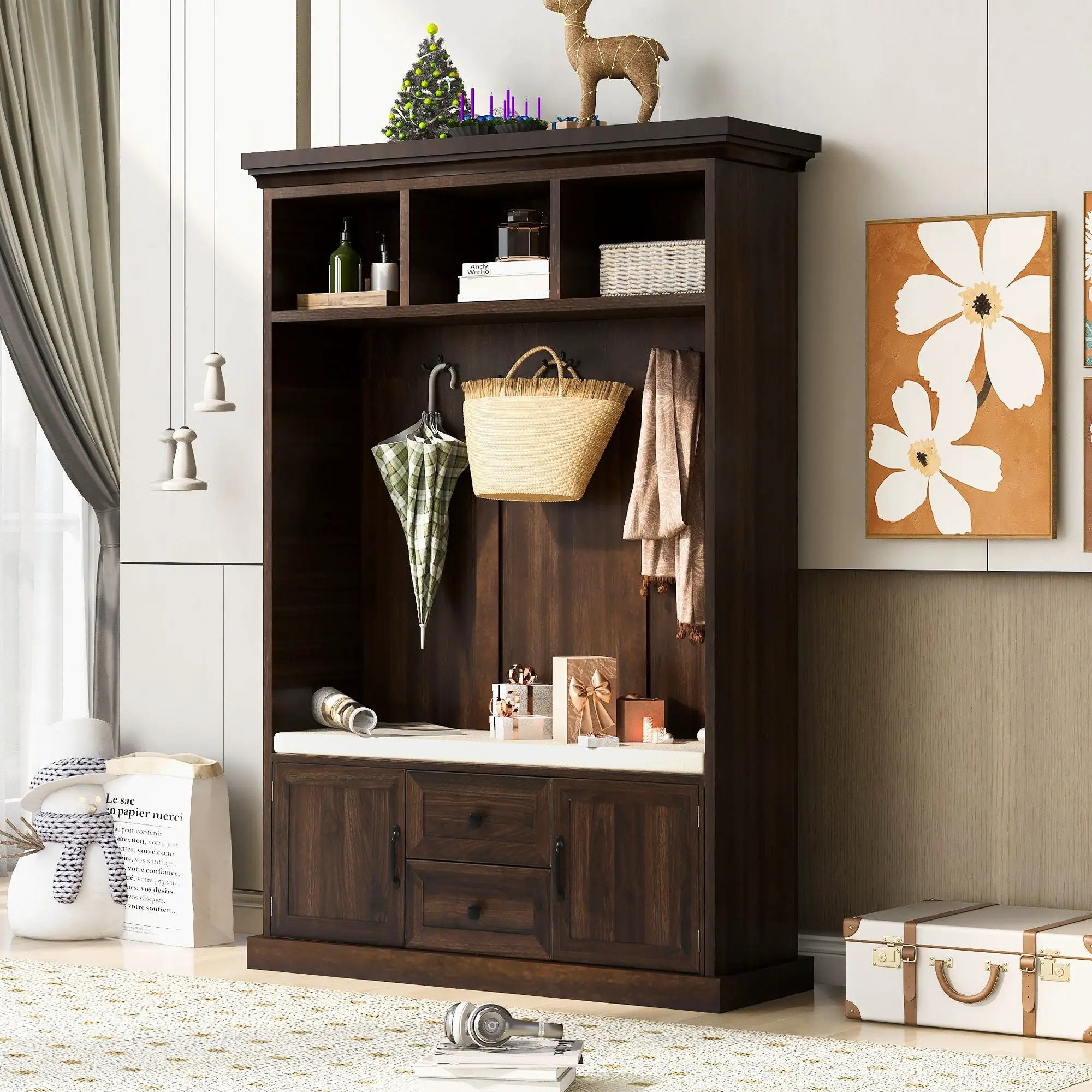 Hall Tree With 3 Hooks, Coat Hanger, Entryway Bench, Storage Bench, 3 In 1 Design by HouseOfZazla