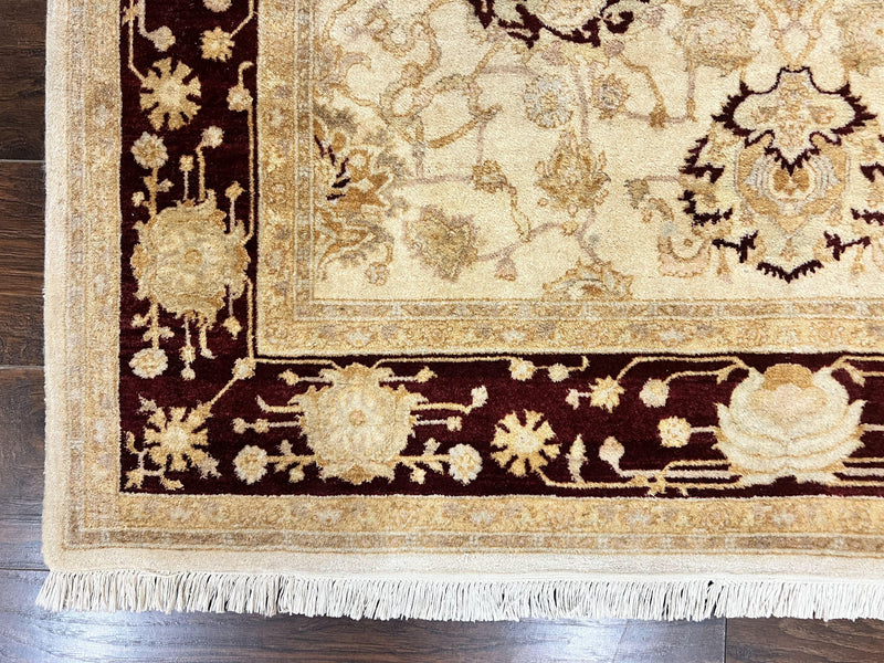 Peshawar Rug 5x7, Beige and Maroon, Vintage Handmade Wool Traditional Carpet 5 x 7 ft, Pakistani Rug, Agra Pattern, Very Fine 260 KPSI by Jewel Rugs