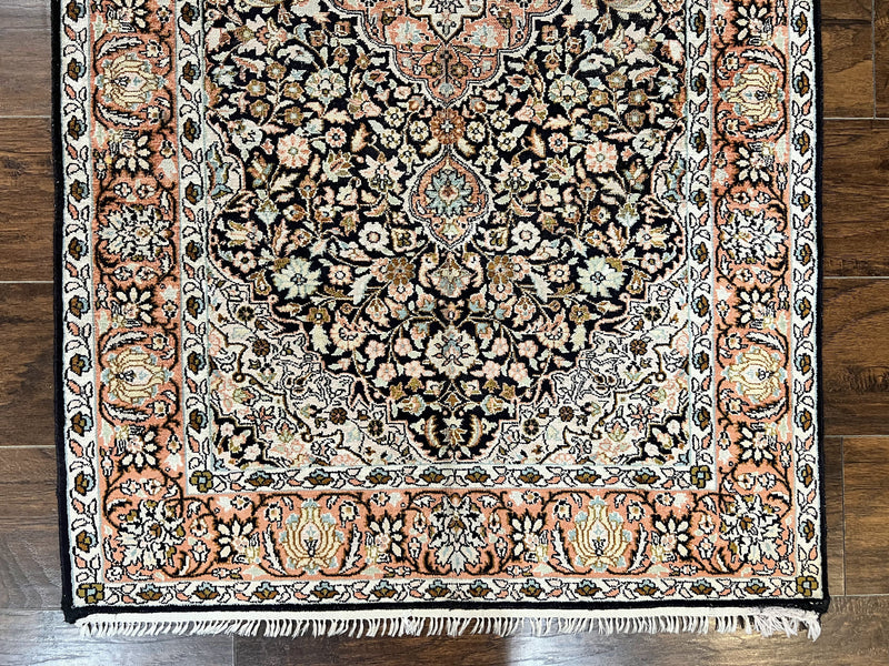 Silk Indian Kashmiri Rug 3x5, Indo Persian Silk on Silk Carpet, Very Fine 350 KPSI, Navy Blue, Handmade, Floral Medallion by Jewel Rugs