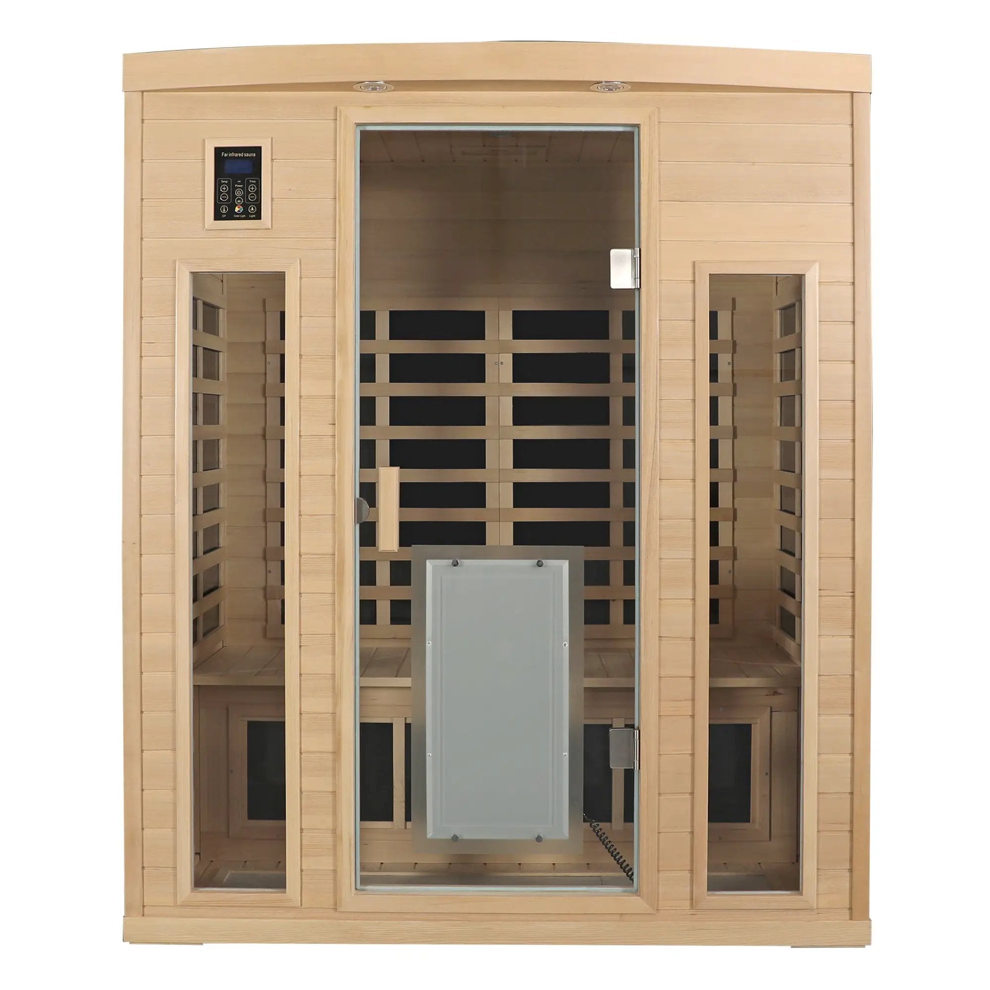 Low EMF, There is also a heating plate on the glass door, Hemlock wood Far-infrared indoor Three person sauna room by HouseOfZazla