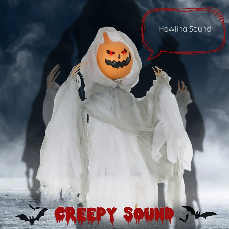 Outdoor Halloween Hanging Pumpkin Ghost with Light-Up Eyes and Sound by HouseOfZazla