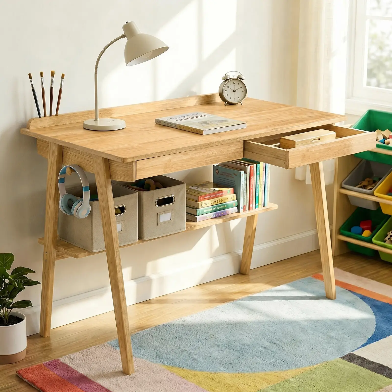 Solid Wood Writing Desk with 2 Drawers & Storage Shelf by HouseOfZazla