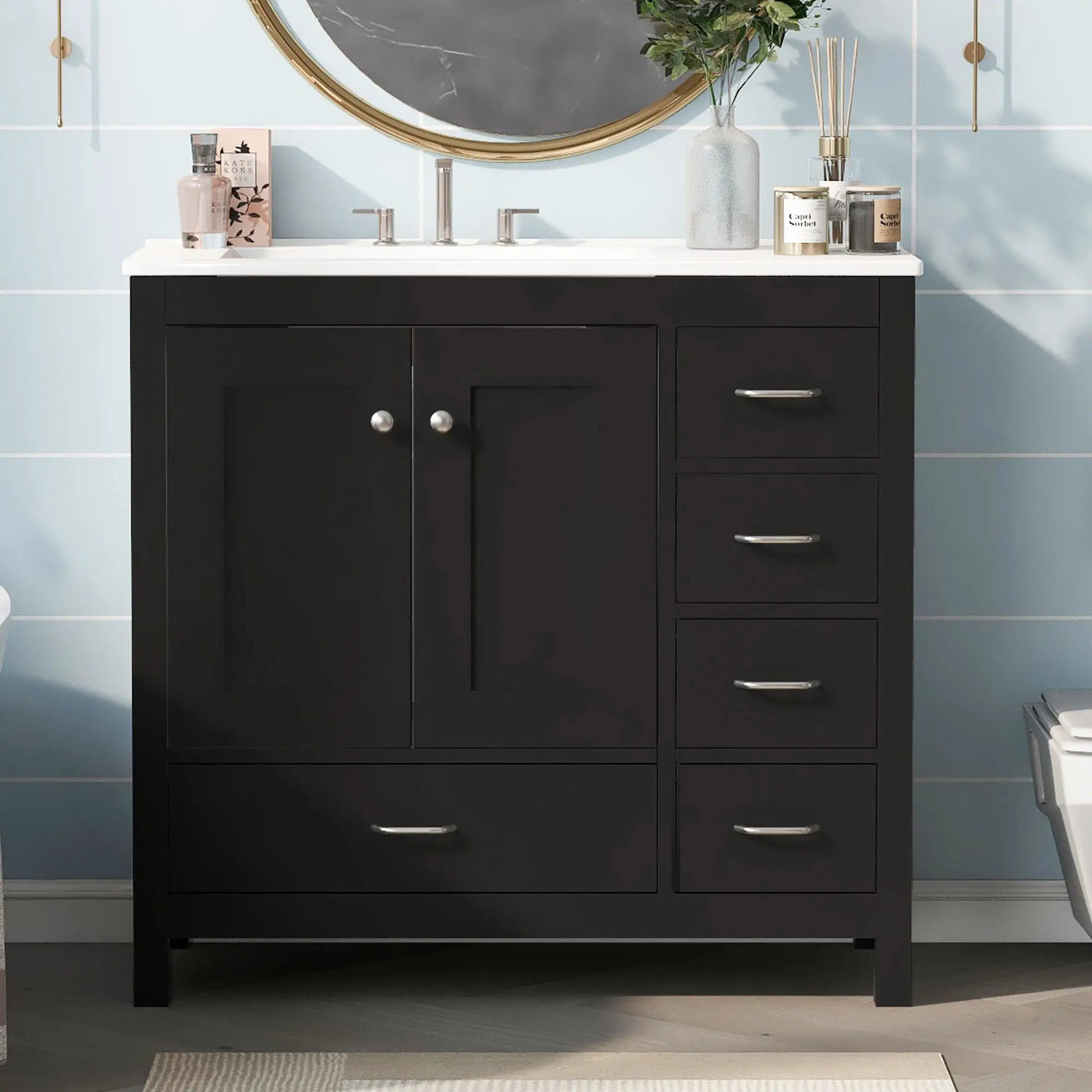Bathroom Vanity With Ceramic Sink Combo, Abundant Storage Cabinet 2 Soft Close Doors And 5 Drawers by Unique Piece Furniture