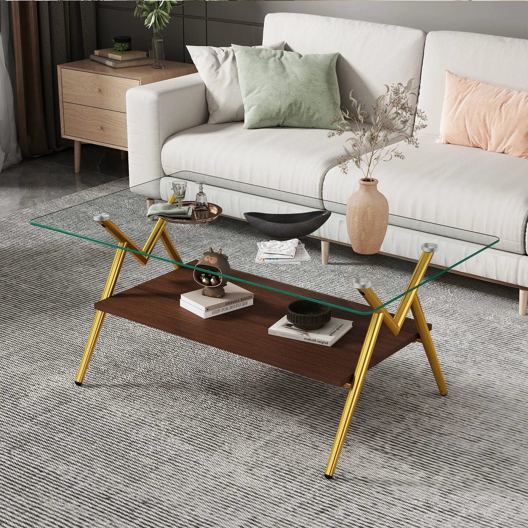 Rectangle Coffee Table With Tempered Glass Top And Shelf by HouseOfZazla