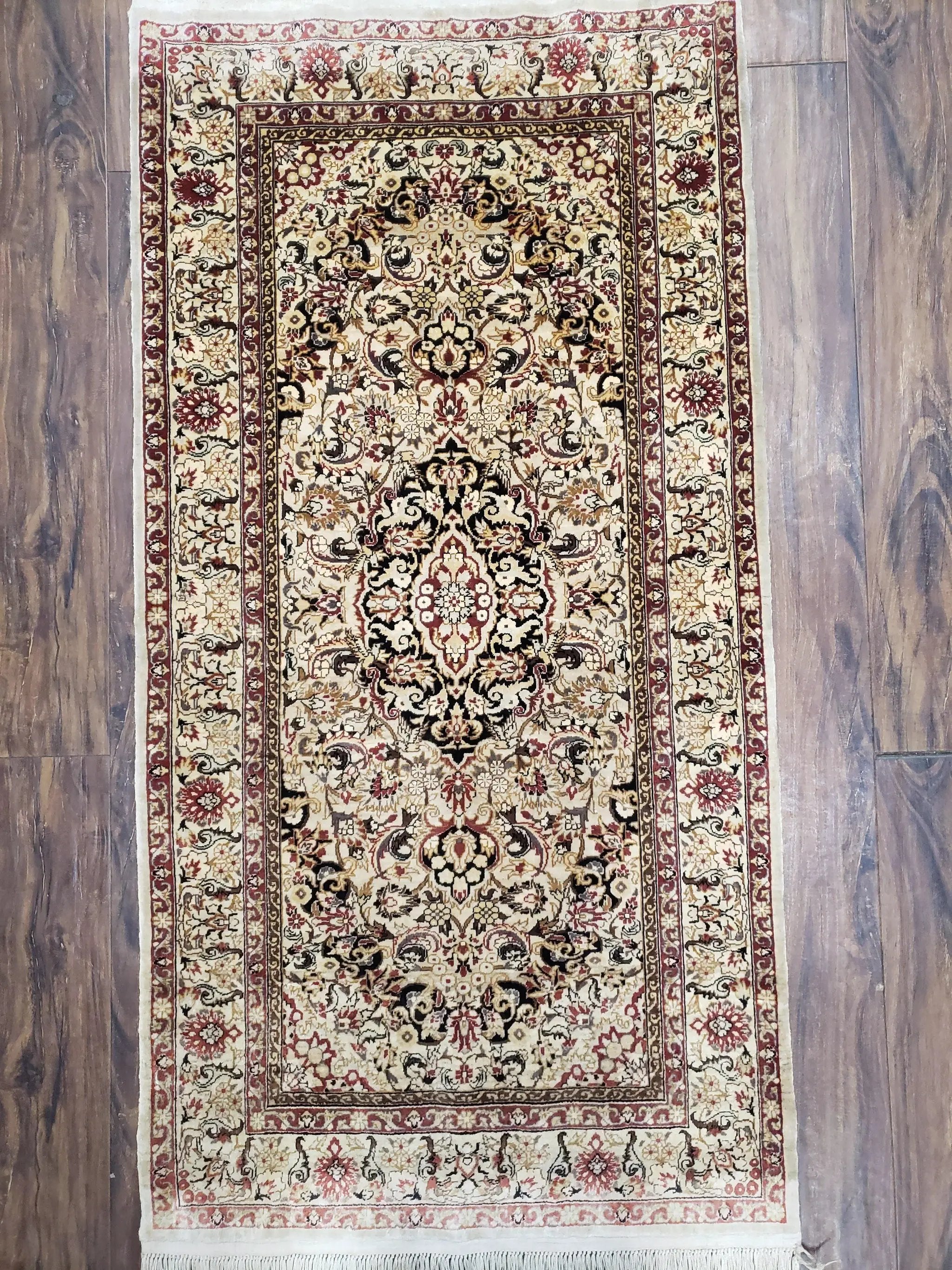 Silk Oriental Rug 1' 7" x 3', Very Fine Silk Carpet, Small Silk Rug, Traditional Floral Medallion, Hand-Knotted Cream Beige Vintage Silk Rug by Jewel Rugs