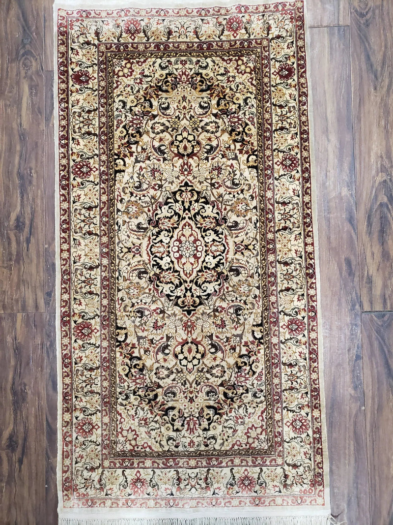 Silk Oriental Rug 1' 7" x 3', Very Fine Silk Carpet, Small Silk Rug, Traditional Floral Medallion, Hand-Knotted Cream Beige Vintage Silk Rug by Jewel Rugs