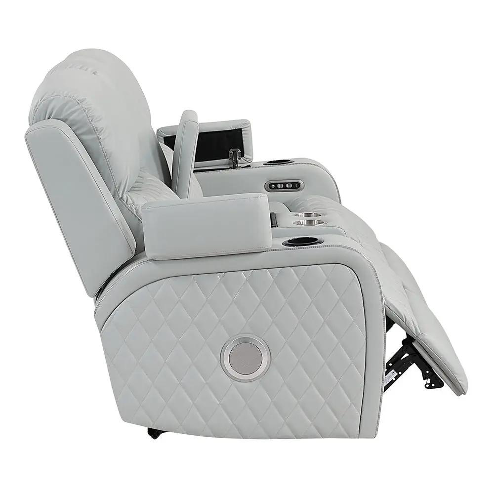 Elonzo - Power Motion Loveseat With Console, LED, Power Headrest & Speaker - Light Gray by Unique Piece Furniture
