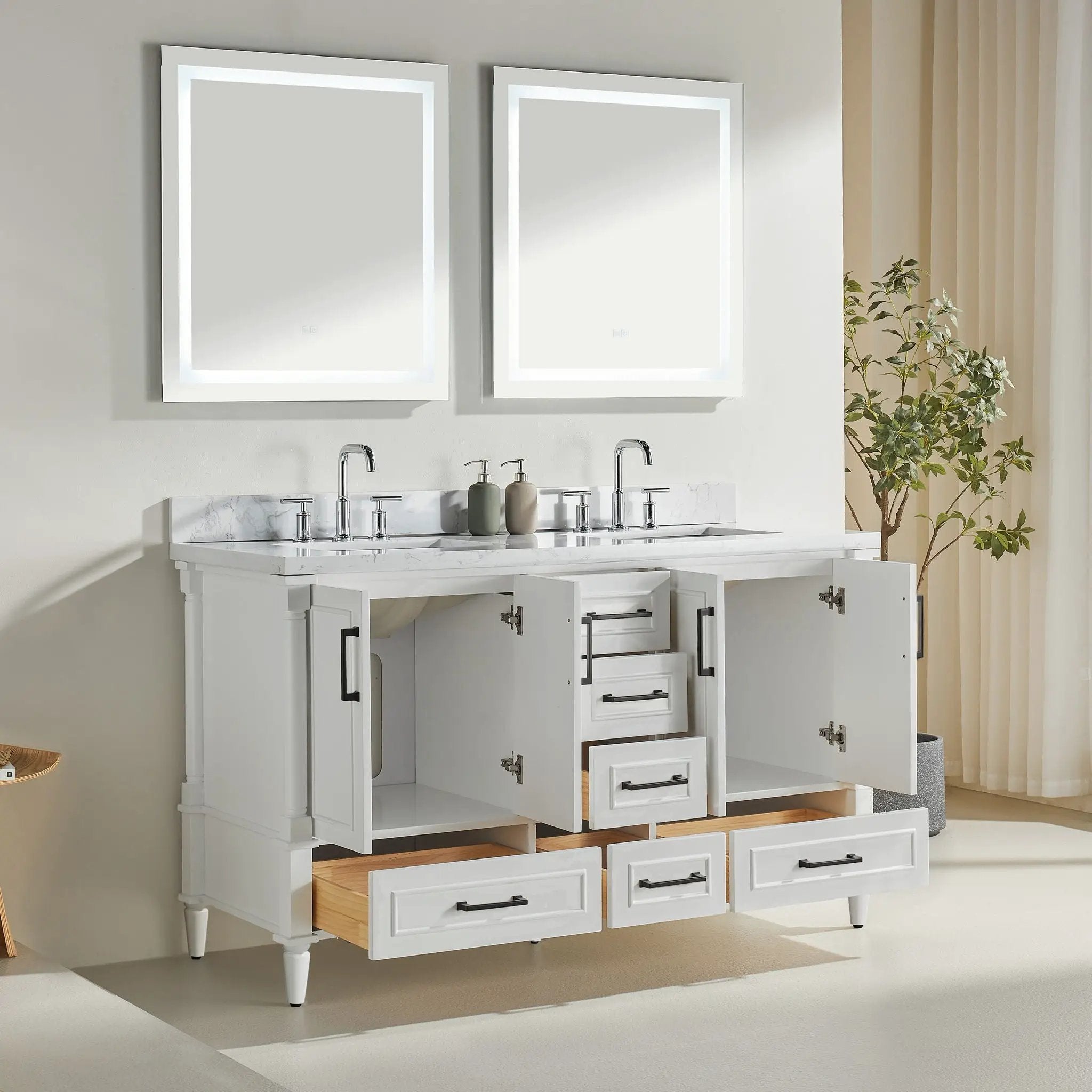 Freestanding Double Bathroom Vanity With Extra Black Handles - White by HouseOfZazla