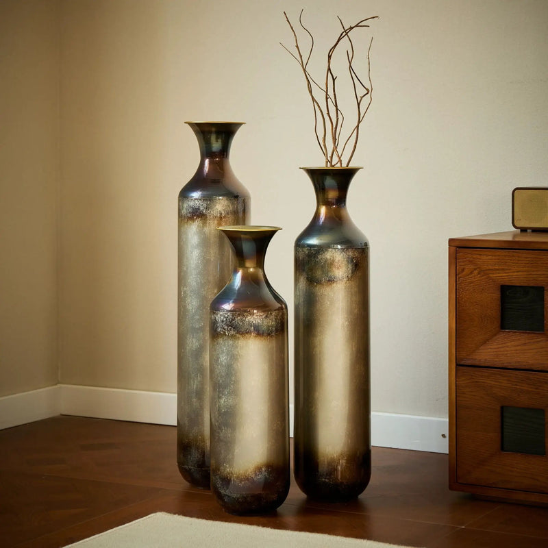 Modern Droplet Shaped Floor Vase Set, Glazed Metal Decorative Vases 3 Piece Home Accent For Living Room - Gold / White by HouseOfZazla