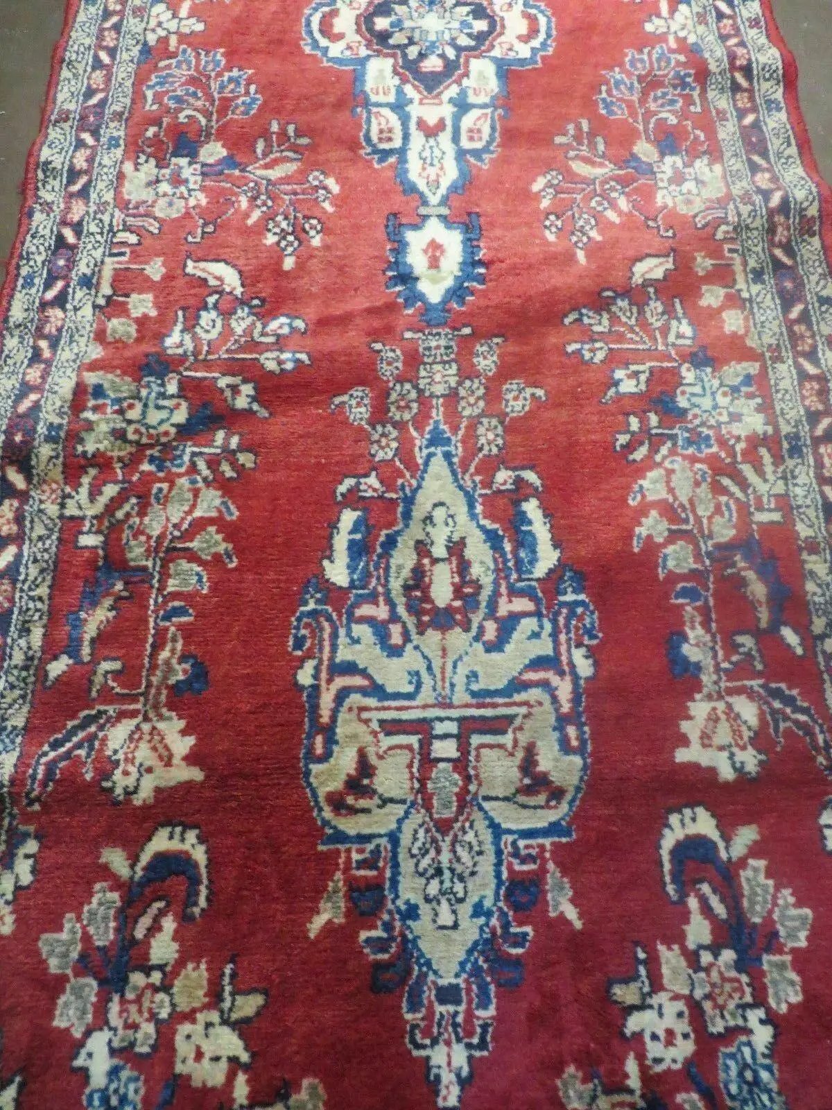 Persian Runner Rug 3 x 12, Antique Wool Oriental Runner, Floral Vases, Red & Navy Blue by Jewel Rugs