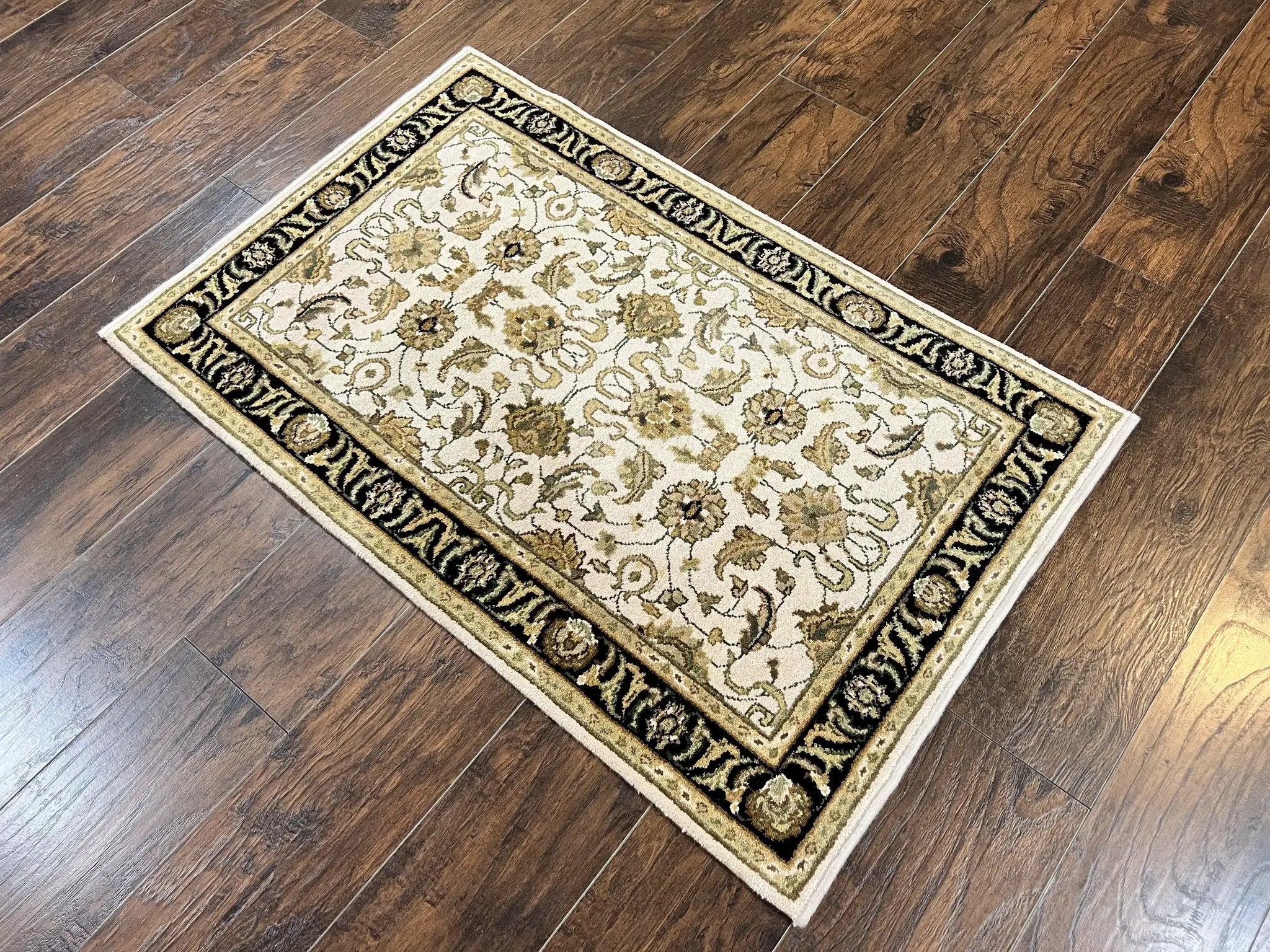 Small Indo Mahal Rug 2.5 x 4, Wool Indian Oriental Carpet, Hand Knotted Handmade Vintage Traditional Rug, Beige Tan Black by Jewel Rugs