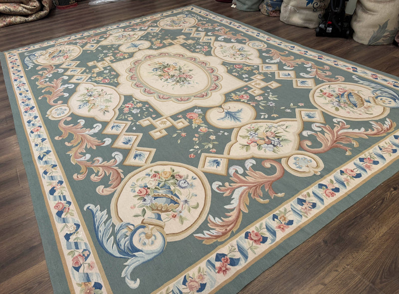 Aubusson Rug 9x12, Muted Sage Green and Cream, European Design by Jewel Rugs