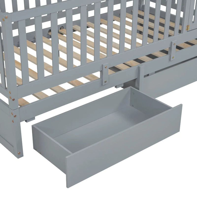 Daybed With Fence Guardrails And 2 Drawers, Split Into Independent Floor Bed & Daybed by HouseOfZazla