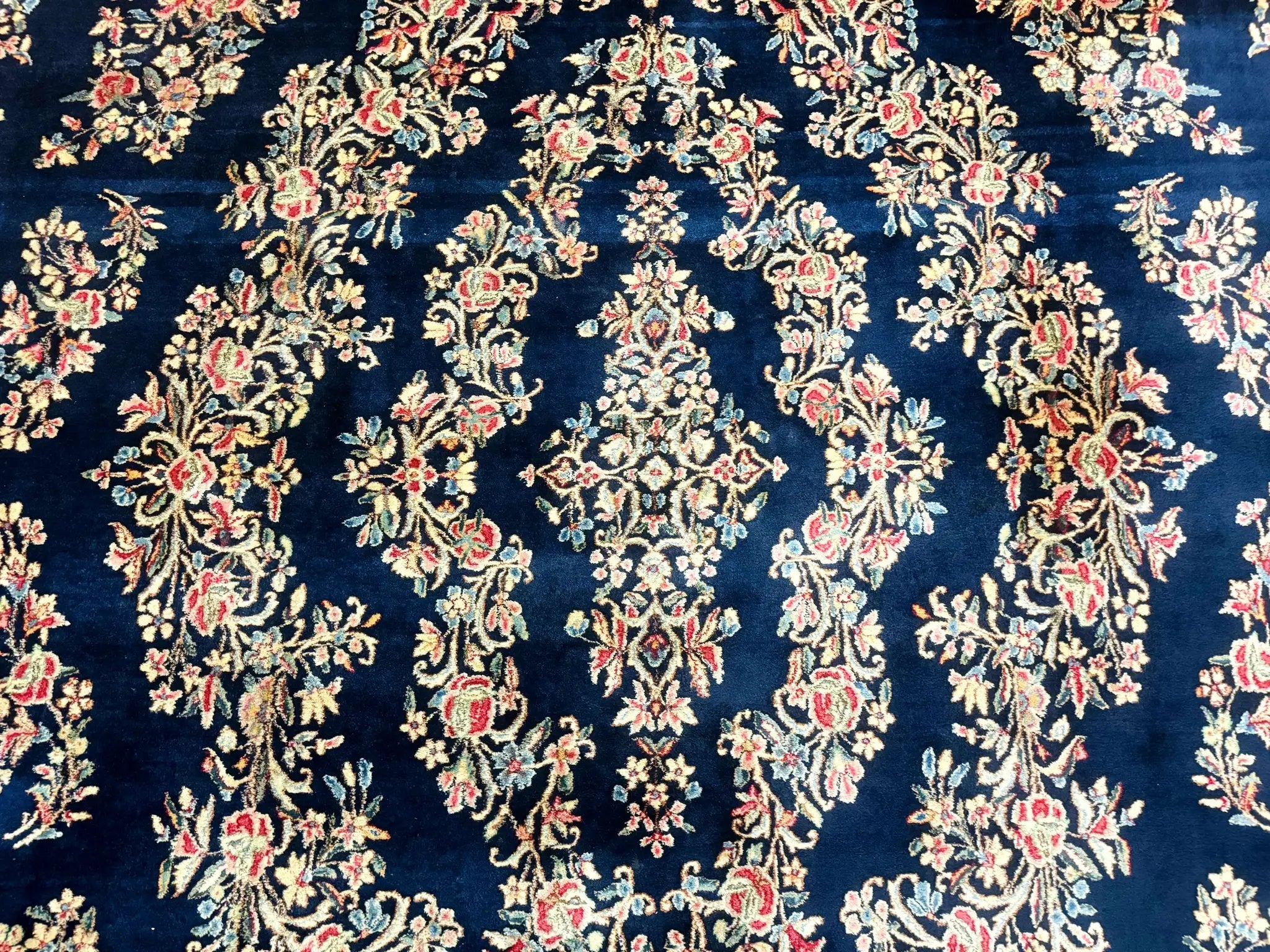 Antique Persian Kerman Rug 10x13, Navy Blue Floral Carpet, Fine 270 KPSI by Jewel Rugs