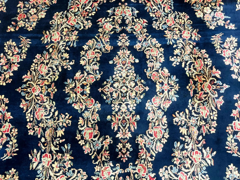 Antique Persian Kerman Rug 10x13, Navy Blue Floral Carpet, Fine 270 KPSI by Jewel Rugs