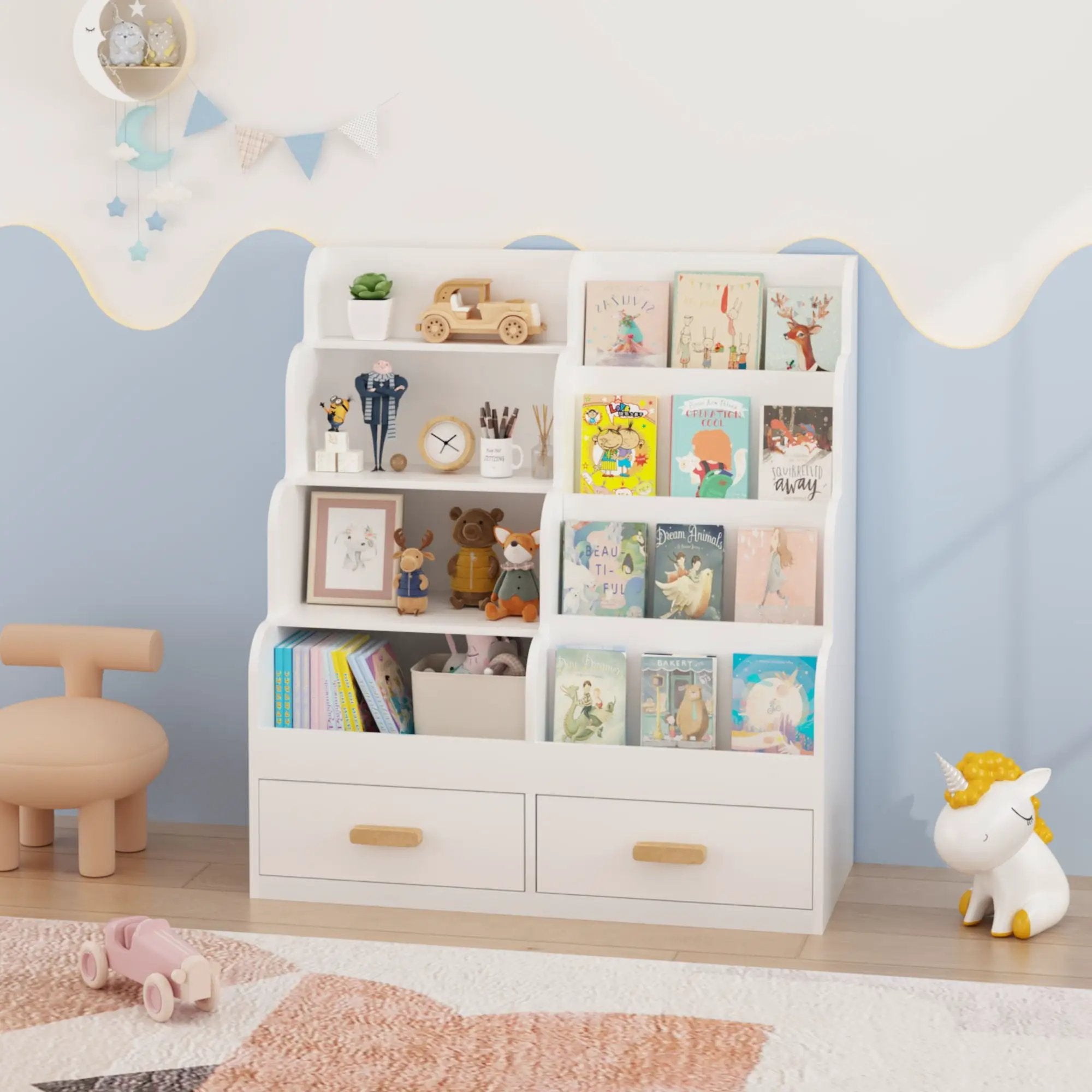 Bookshelf With 2 Storage Drawers, Front Facing Bookcase And Toy Organizer, Multi Tier Reading Shelf - White by Unique Piece Furniture