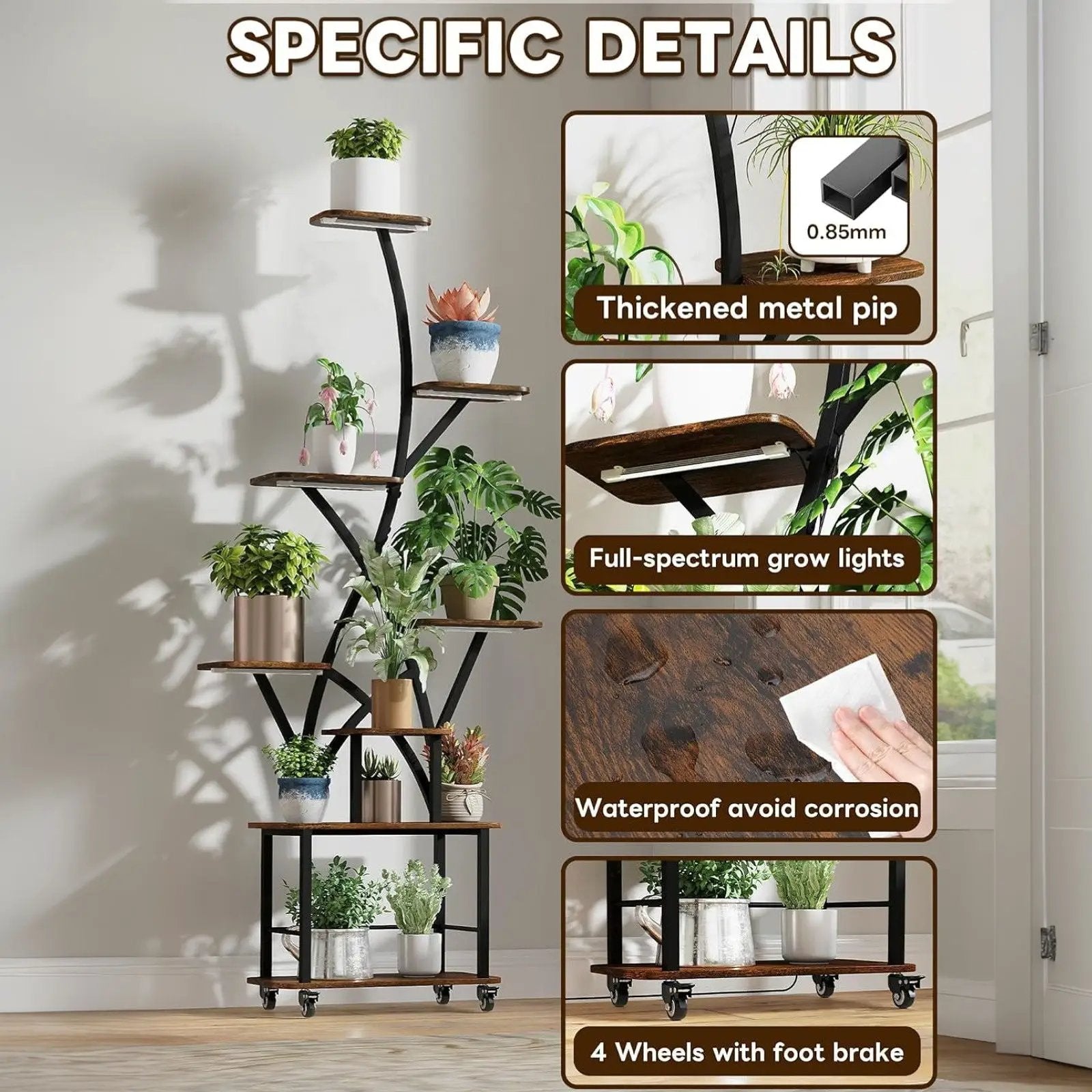 Plant Stand Indoor With Grow Light, 8 Tiered Tall Indoor Plant Shelves For Multiple Plants - Walnut / Black by Unique Piece Furniture