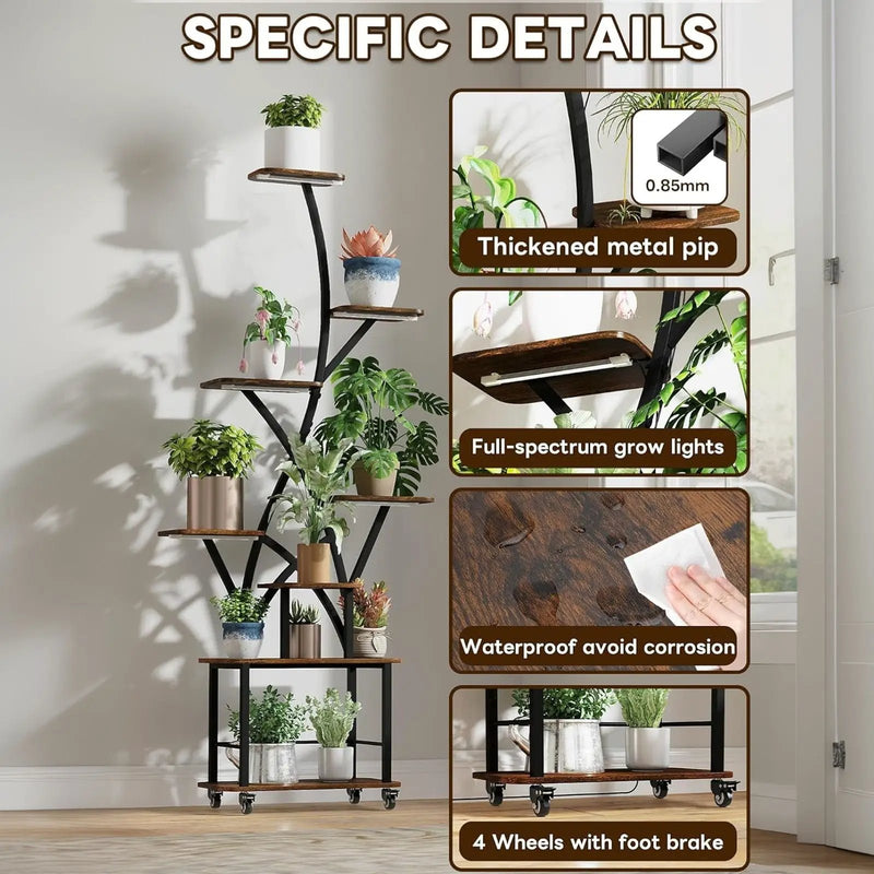 Plant Stand Indoor With Grow Light, 8 Tiered Tall Indoor Plant Shelves For Multiple Plants - Walnut / Black by Unique Piece Furniture