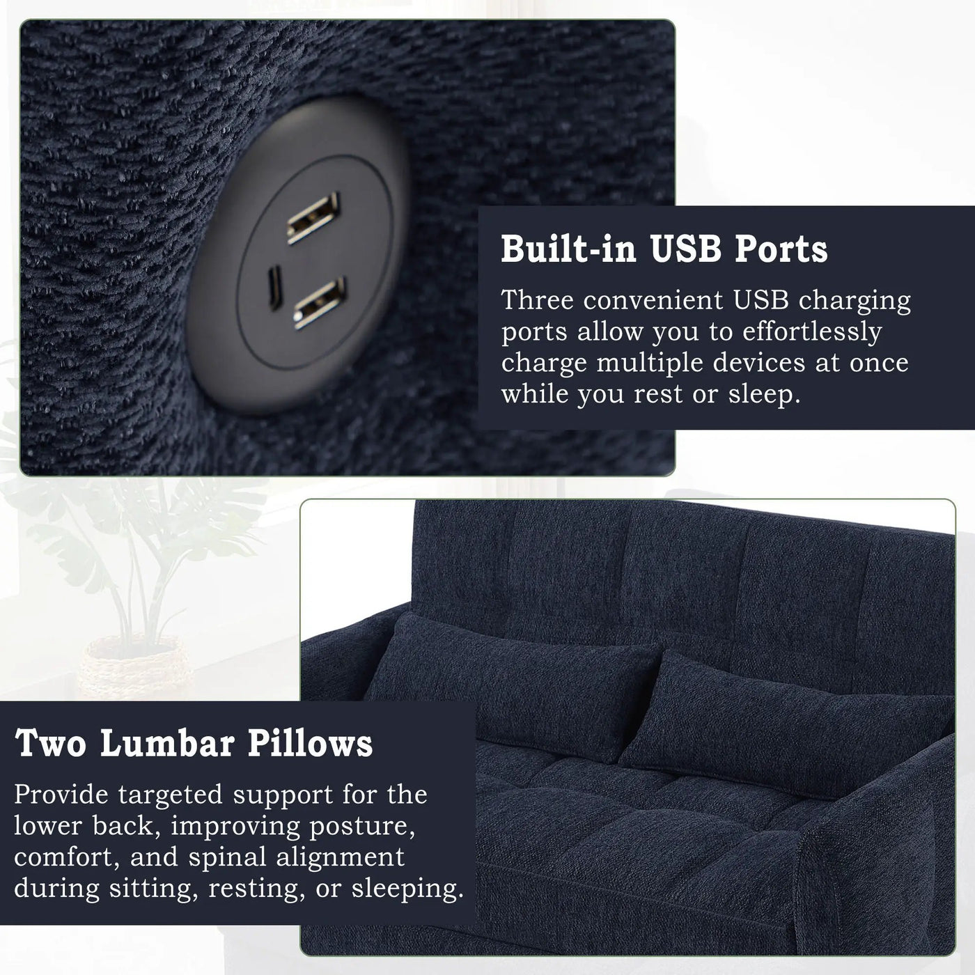 Loveseat Sofa Pull-Out Bed With Adjustable Backrest, 3 USB Ports And 2 Lumbar Pillows For Living Room by Unique Piece Furniture