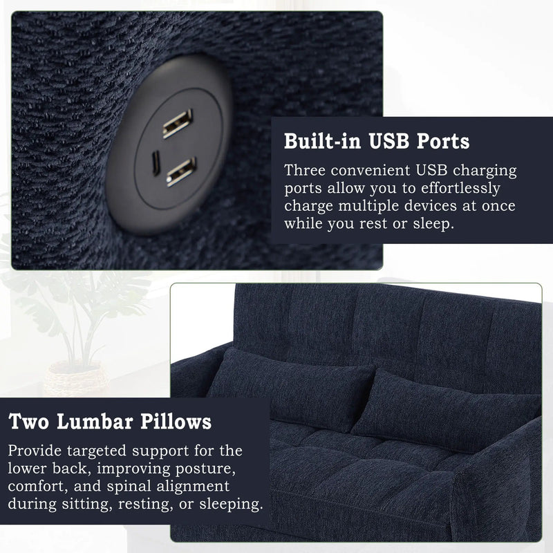Loveseat Sofa Pull-Out Bed With Adjustable Backrest, 3 USB Ports And 2 Lumbar Pillows For Living Room by HouseOfZazla