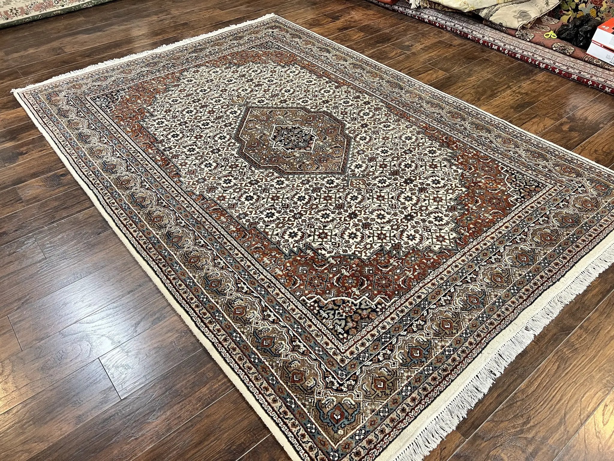 Indo Persian Rug 7x10 ft, Hand Knotted Wool Vintage Oriental Carpet 7 x 10, Traditional Handmade Herati Bidjar Cream Rug, Medallion Rug by Jewel Rugs