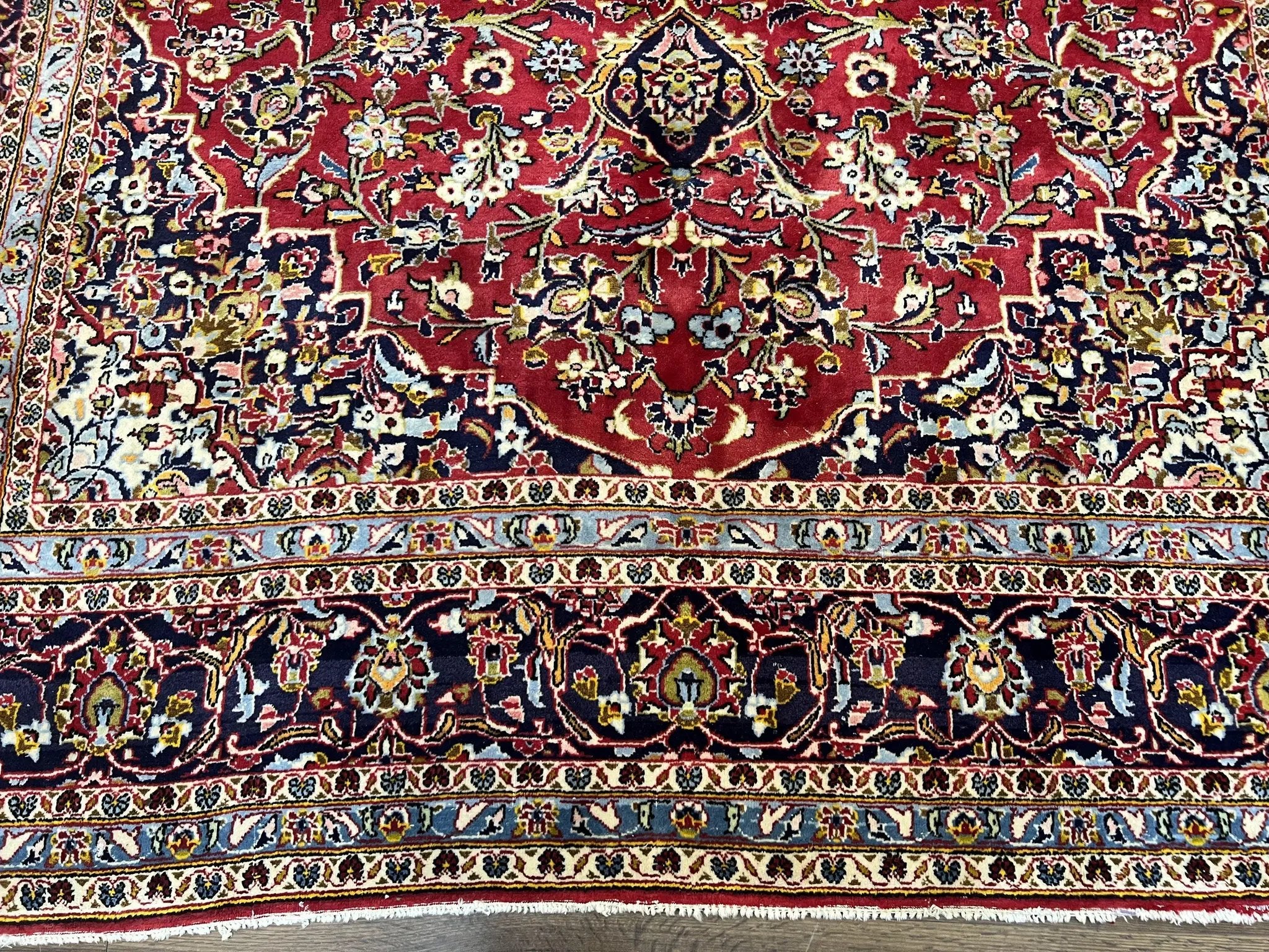 Persian Kashan Rug 9x12, Red Navy Blue, Allover Floral Medallion & Corner Design, Handmade Wool Oriental Carpet, Semi Antique Traditional Carpet by Jewel Rugs