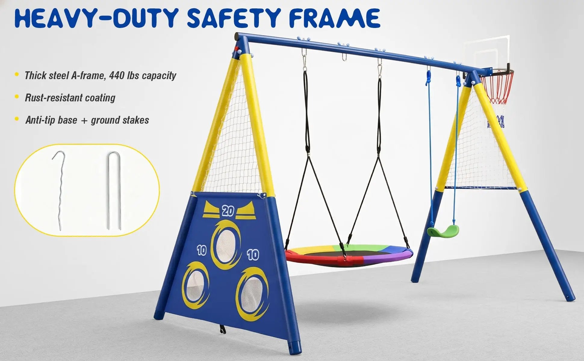 5-in-1 Kids Swing Set with Saucer Swing, Belt Swing, Basketball Hoop & Soccer Goal by HouseOfZazla