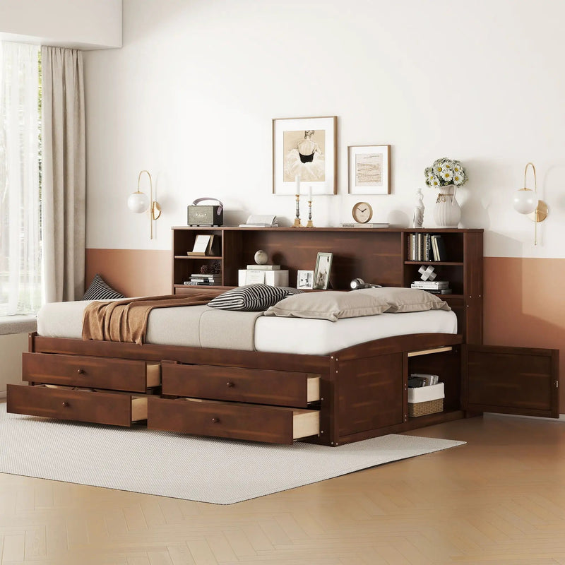 Full Size Captain Bed With Built In Storage Shelves, 4 Drawers And 2 Cabinets - Antique Brown by Unique Piece Furniture