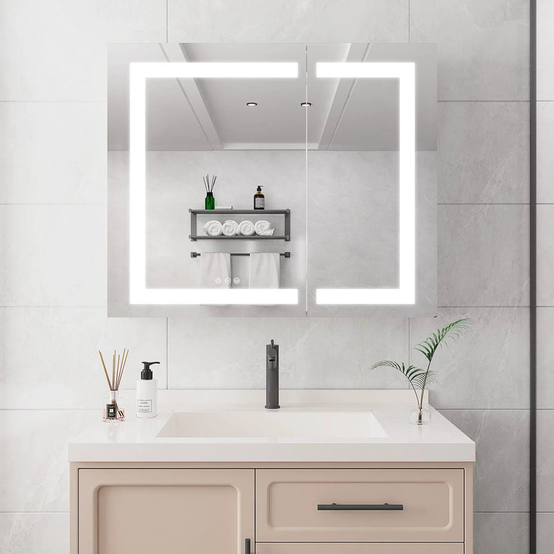 36" X 30" Medicine Cabinet With LED Vanity Mirror, Anti-Fog Recessed Or Surface Mount Bathroom Double Door Large Storage 3000K~6000K Bright Lighted Aluminum Storage Cabinet With Touch Switch - Silver by HouseOfZazla