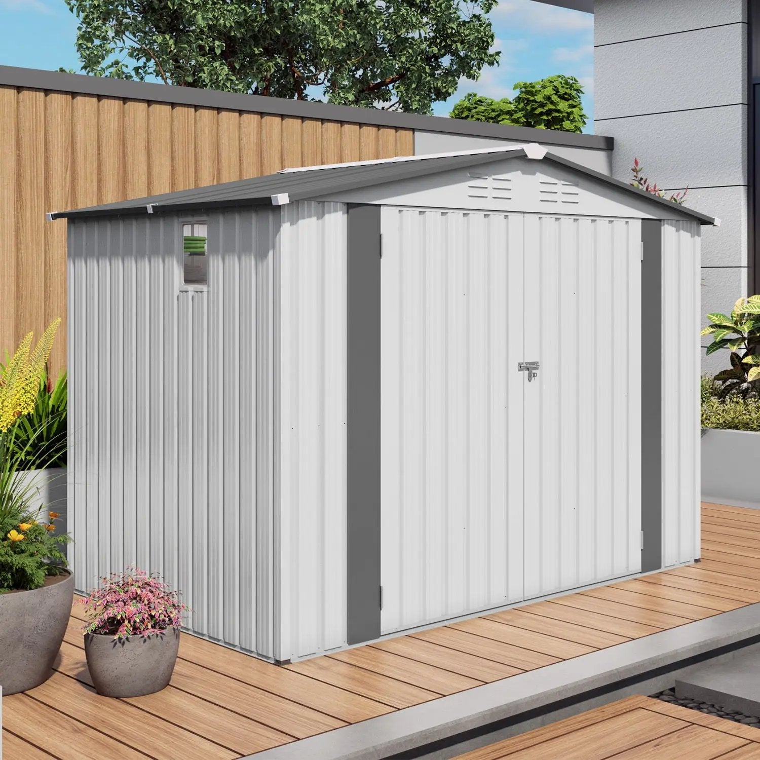 Outdoor Garden Storage Shed, Tool Shed With Pitched Roof Waterproof With 1 Window And 2 Lockable Door - White / Gray by HouseOfZazla