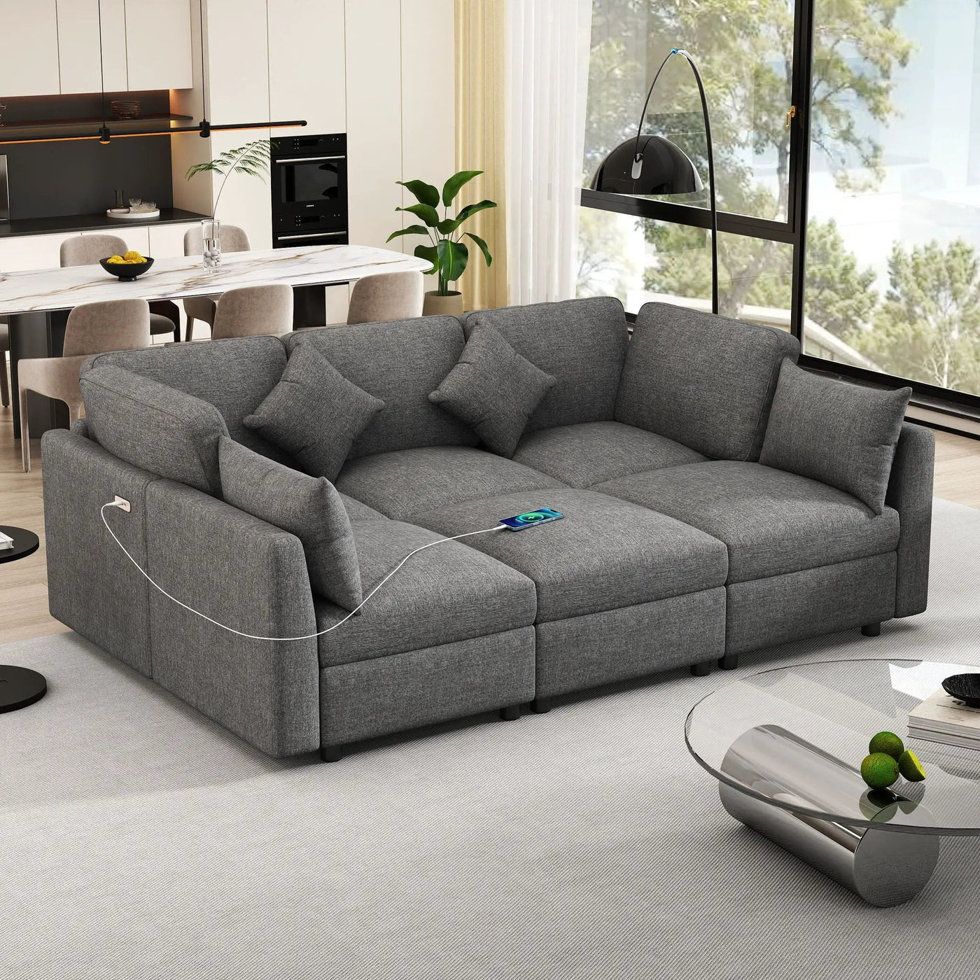 Sectional Sofa Modular U-Shaped With Ottoman & USB Ports by Unique Piece Furniture