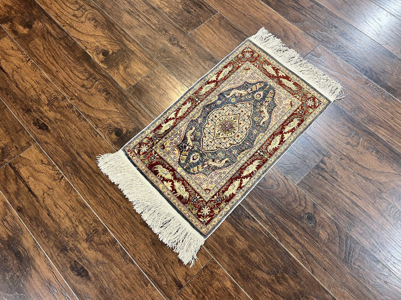 Silk Turkish Hereke Rug 2x3, Peacocks Birds, Signature from Master Weaver, Super Finely Hand Knotted 550 KPSI, Animal Pictorials by Jewel Rugs