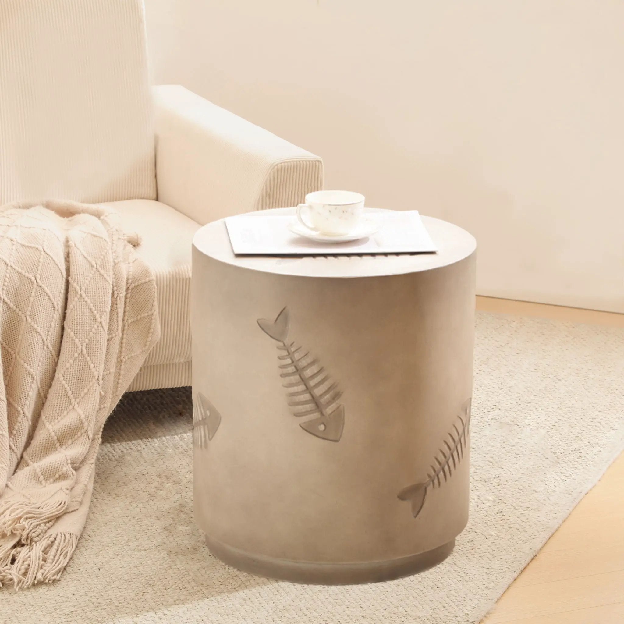 Rustic Magnesium Oxide Side Table With Fish Pattern Design - Gray by HouseOfZazla