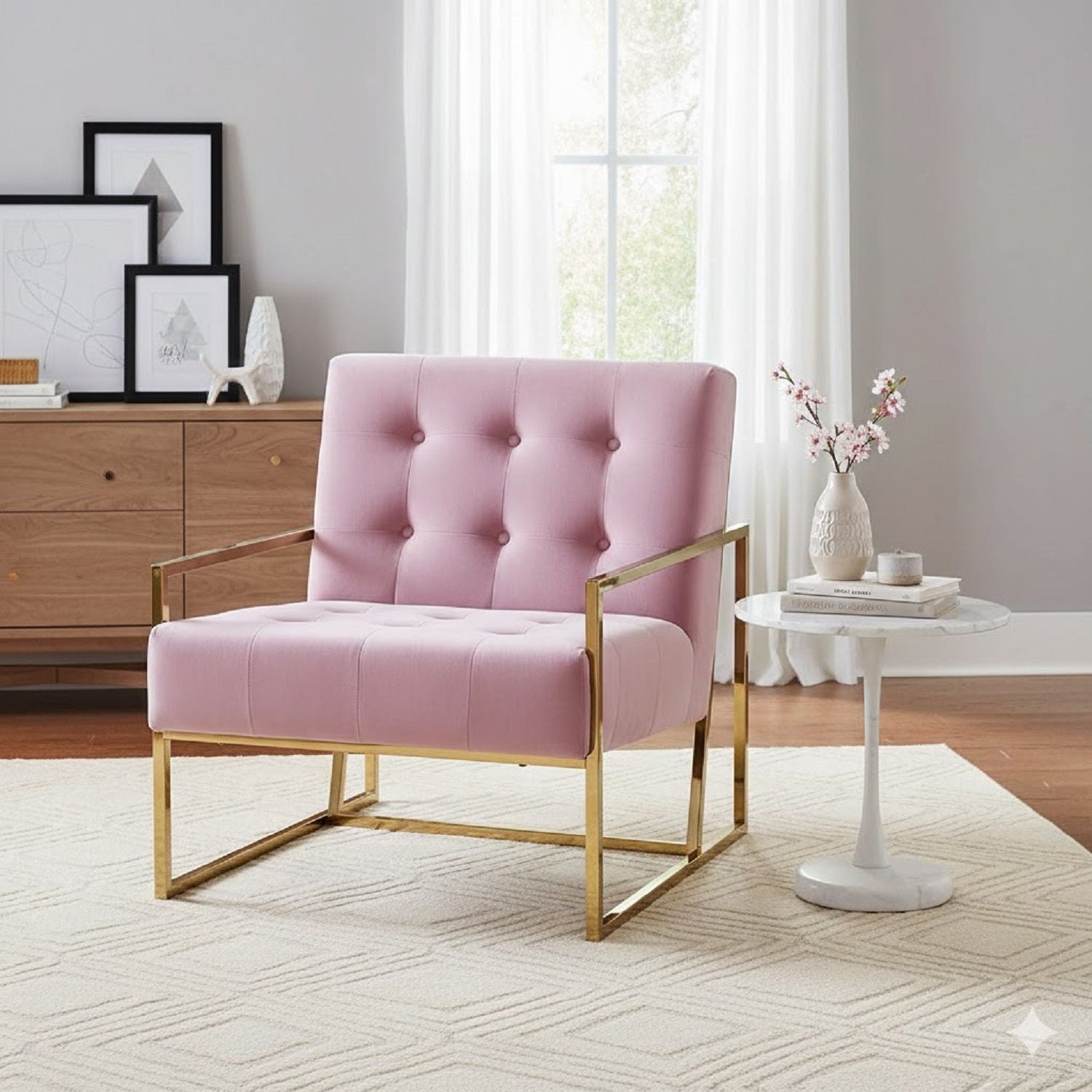 Tufted Accent Armchair With Frame For Living Room - Pink / Gold by Unique Piece Furniture