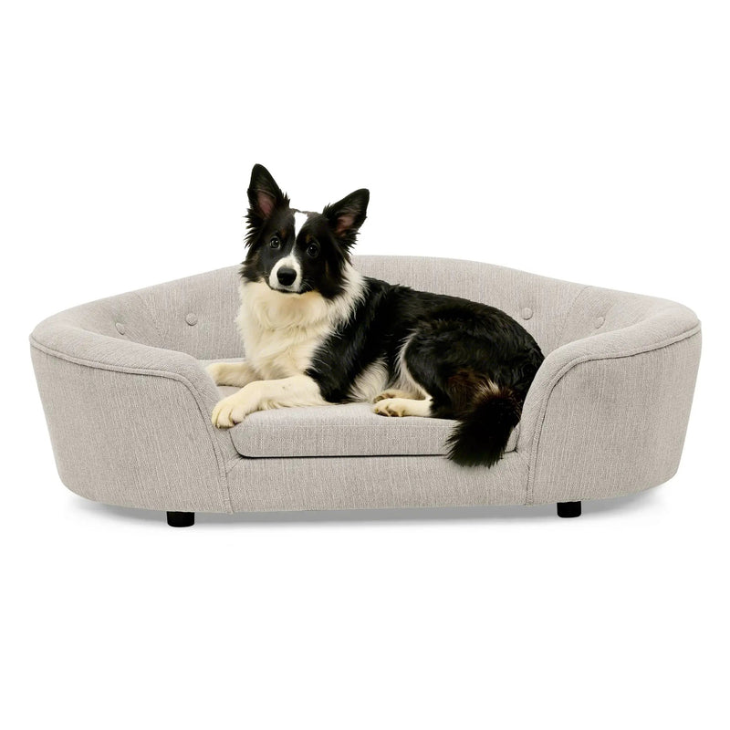 OVERSIZED Size Oval Semi-Enclosed Dog Sofa - Durable Linen Material, Button-Tufted Backrest, High-Center Low-Sides Support & Plush Comfort-Beige by HouseOfZazla