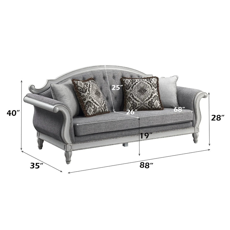Florian - Sofa With 4 Pillows - Gray Fabric & Antique White by Unique Piece Furniture