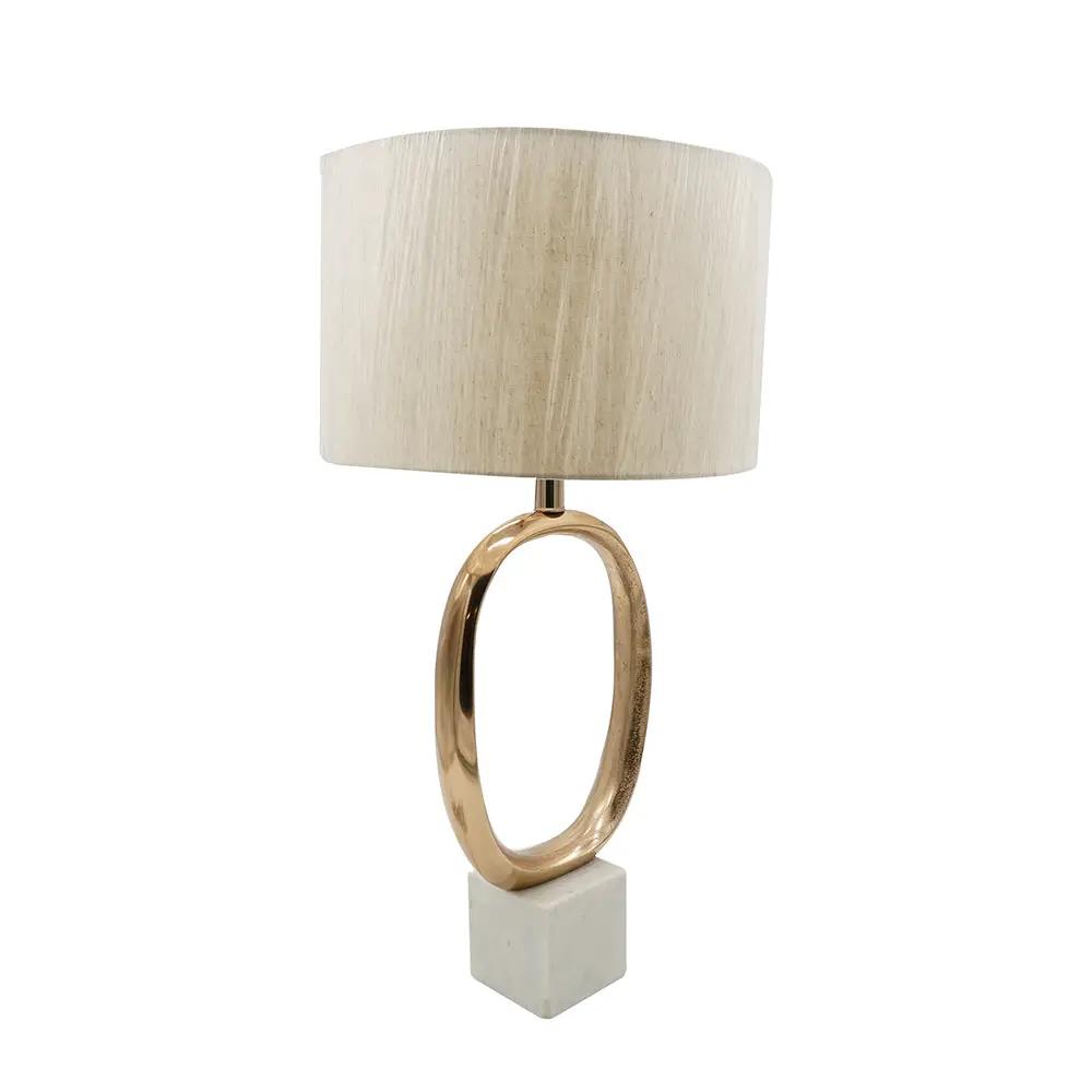 D14x28.5' Oval Shape Cut Out Metal Table Lamp with Cream Linen Shade by HouseOfZazla
