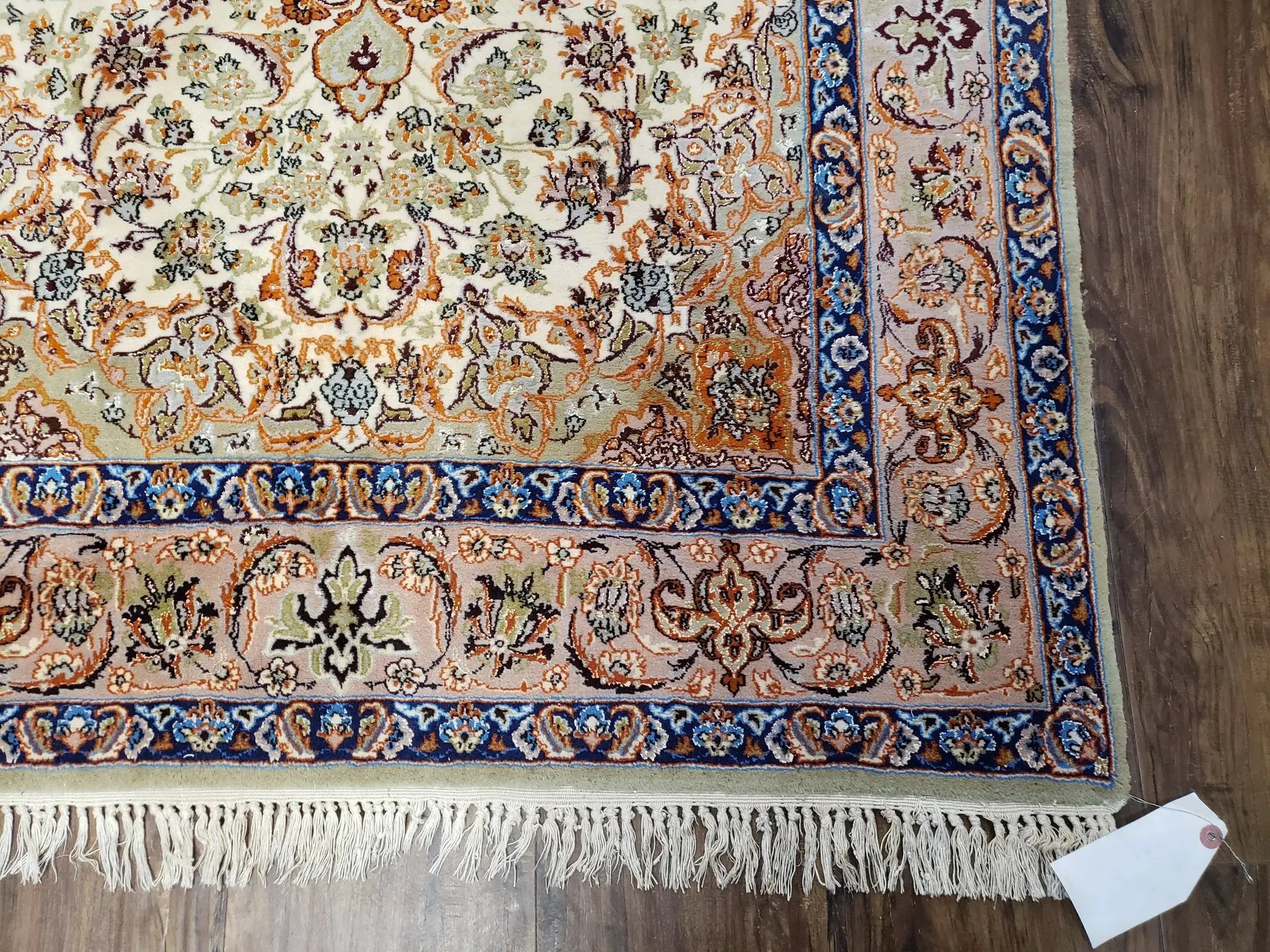 Vintage Persian Isfahan Lachak Toranj Rug, Highly Detailed, Kork Wool on Silk Foundation, Beige and Dark Blue, Hand-Knotted, 3'6" x 5' 4" by Jewel Rugs