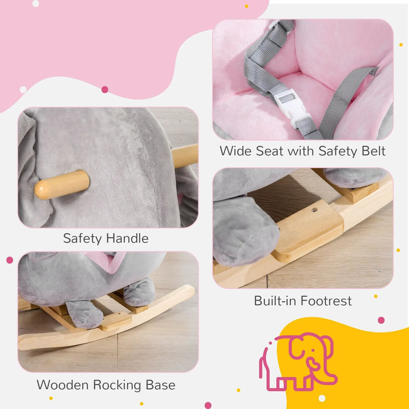 Qaba - Baby Rocking Horse Elephant Rocking Chair Toddler Rocker Toy With Sound Wooden Base Seat Safety Belt For 1.5-3 Year Old - Gray by Unique Piece Furniture