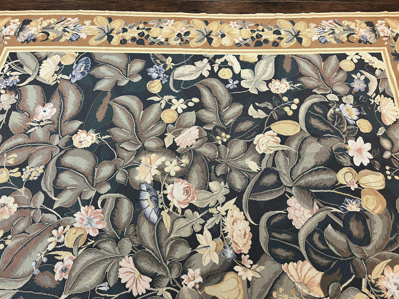 Large Needlepoint Rug 9x13, Handmade Wool Flatweave Vintage Rug, Leaves, Green by Jewel Rugs