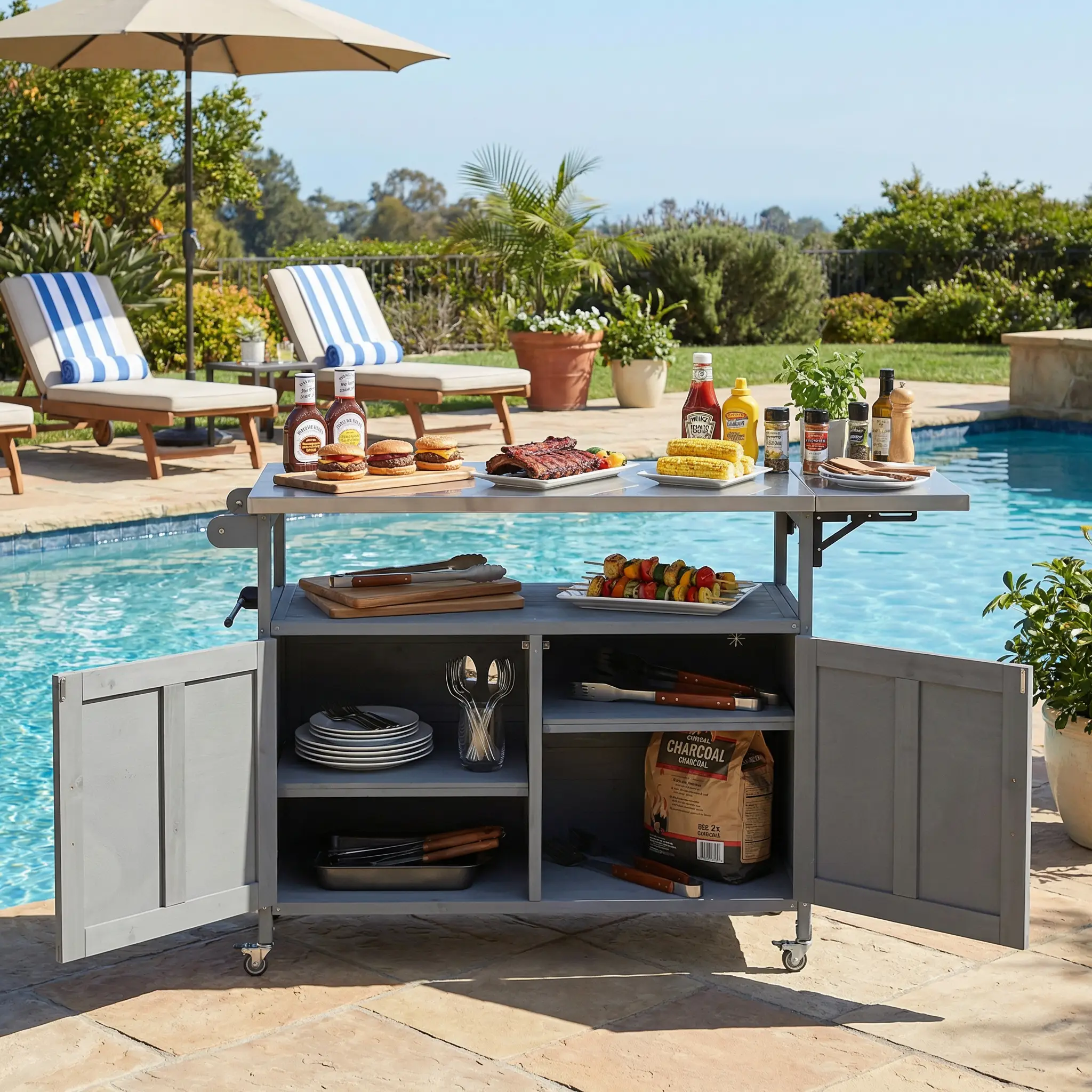 Foldable Outdoor Kitchen Island Patio Mobile Kitchen Cart by HouseOfZazla
