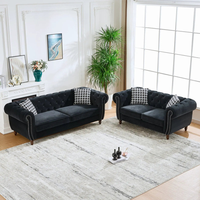 Chesterfield 3 And 2 Seater Upholstery Sofa With Roll Armrest & Nailhead Fabric Couch by Unique Piece Furniture