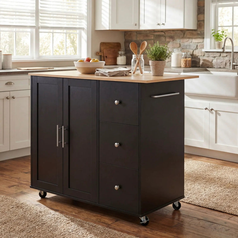 Mobile Kitchen Cart With Storage With 2 Doors, 3 Drawers & Adjustable Shelf - Black / Natural by HouseOfZazla