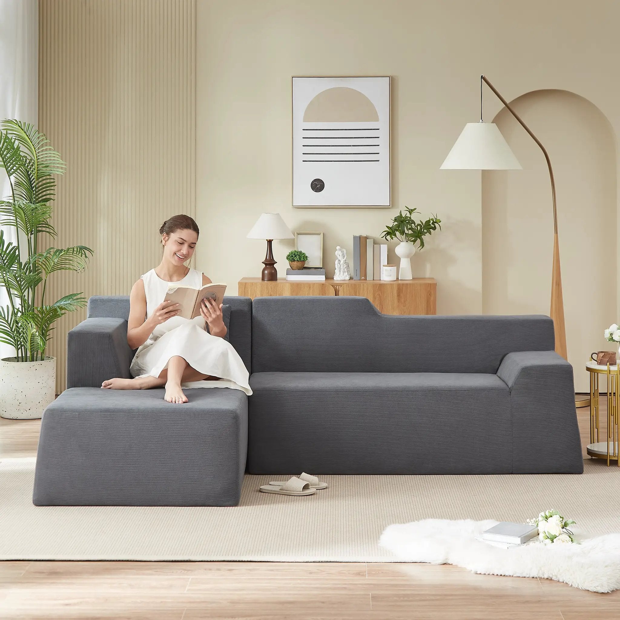 Modern Minimalist L-Shaped Corduroy High Back Sofa by HouseOfZazla