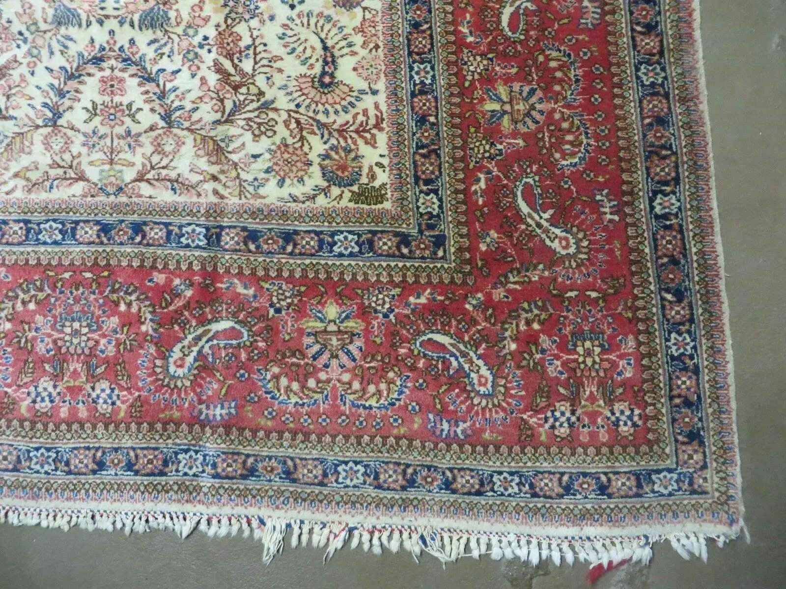 Persian Tabriz Rug 8x10, Bird Motifs Floral, Boteh Paisleys, Cream and Red, Handmade Wool Carpet by Jewel Rugs