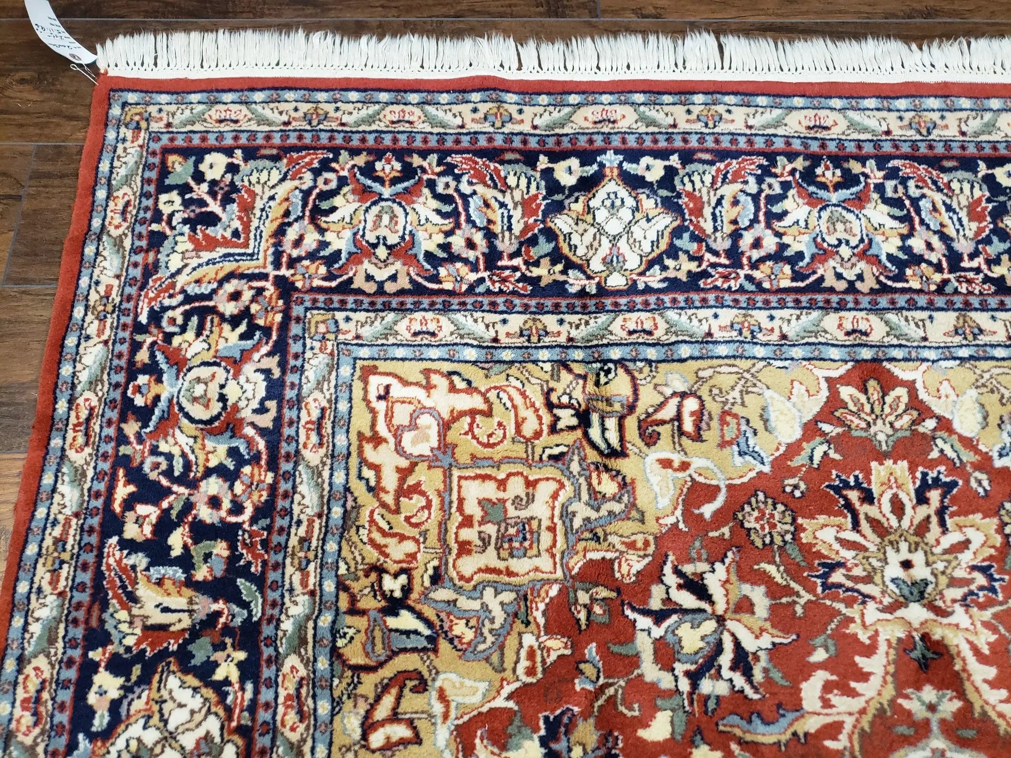 Vintage Indo Persian Oriental Rug 6 x 9.6, Wool Hand-Knotted Red Dark Blue & Gold Indian Carpet, 6 x 9 Office Room Rug, Floral Medallion by Jewel Rugs
