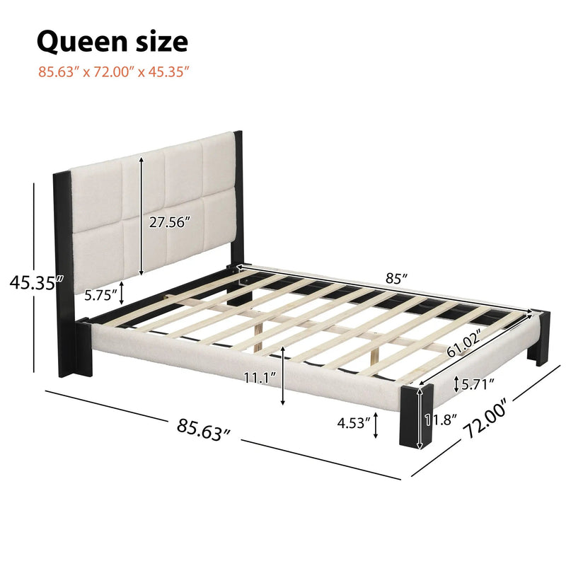 Boucle Queen Bed Frame With Square-Stitched Headboard by HouseOfZazla