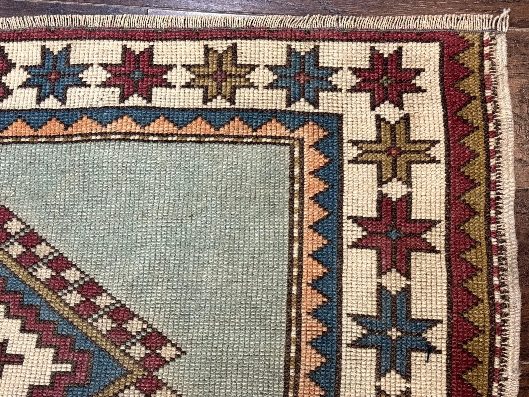 Turkish Kazak Rug 4x6, Geometric Medallion, Caucasian Design Rug, Semi Antique Vintage, Mint Green Maroon Ivory by Jewel Rugs