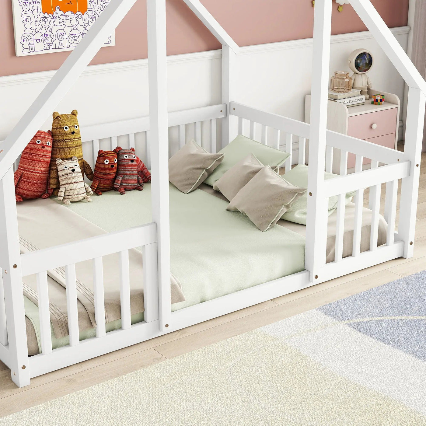 Wood House-Shaped Floor Bed With Fence, Guardrails by Unique Piece Furniture