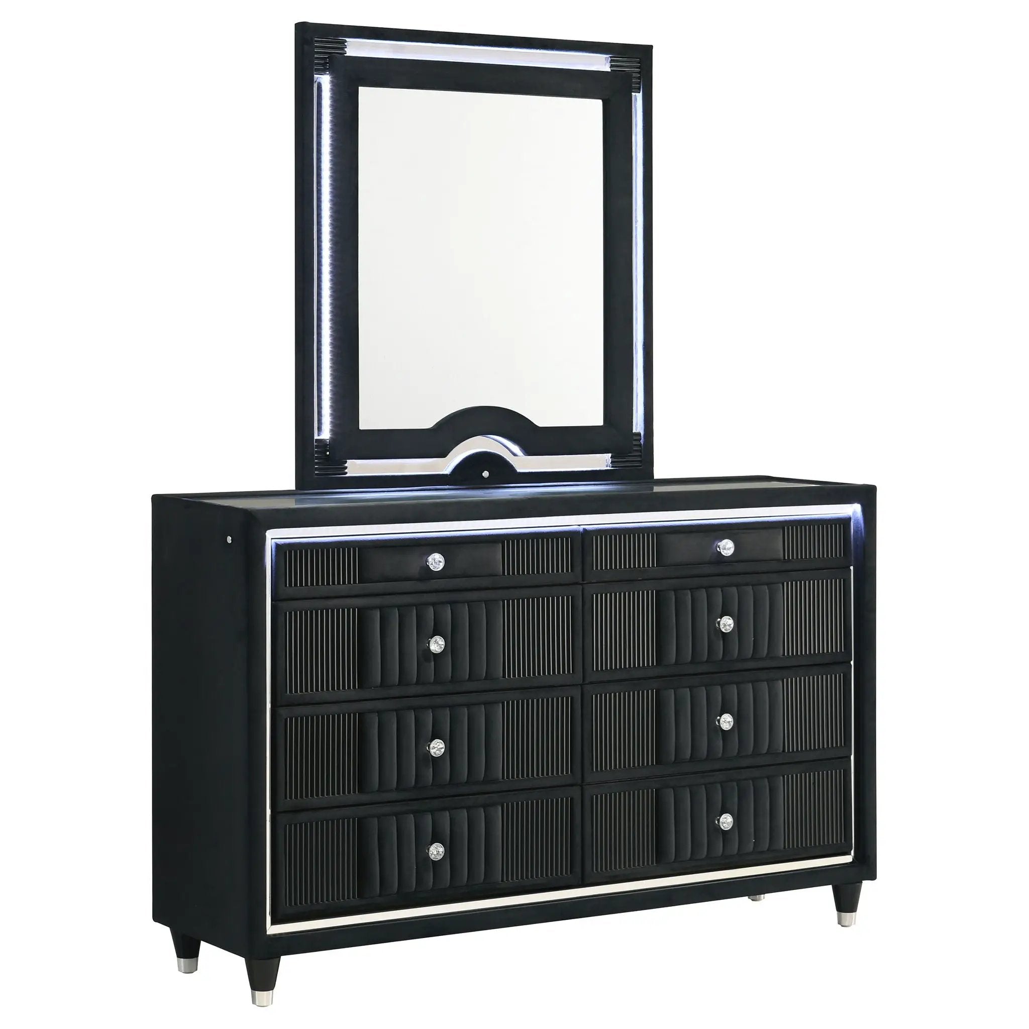 Ravenne 6-drawer Velvet Upholstered LED Dresser and Mirror Black by Unique Piece Furniture